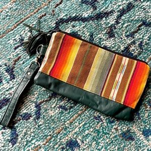 Handmade Forrest green leather and Mexican blanket wristlet purse.